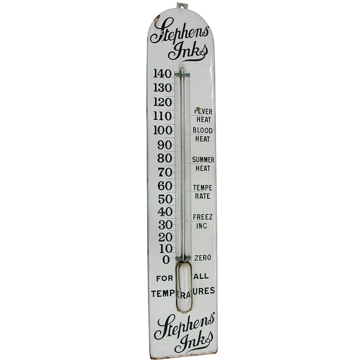 Large Enamel Advertising Thermometer. Stephens Inks for All Temperatures. With glass tube and liquid. Ralph & Jordan Bilston, 3/98, Reg & Trade Mark Numbers. (Not for post. Arrangements will have to be made by winning bidder for pickup or courier delivery)