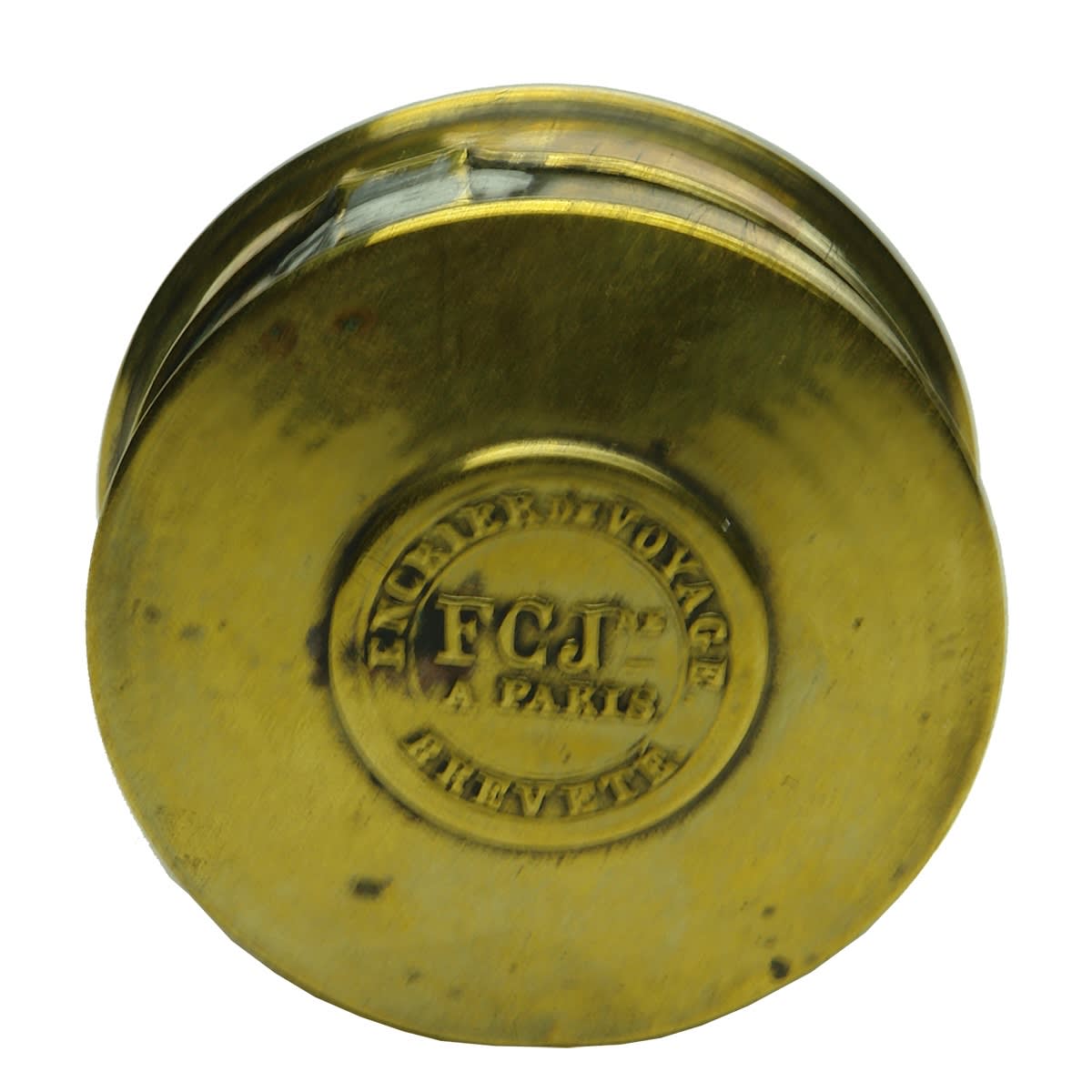 Tiny brass cased travellers inkwell. Engrier de Voyage, FGJnr a Paris, Brevete.