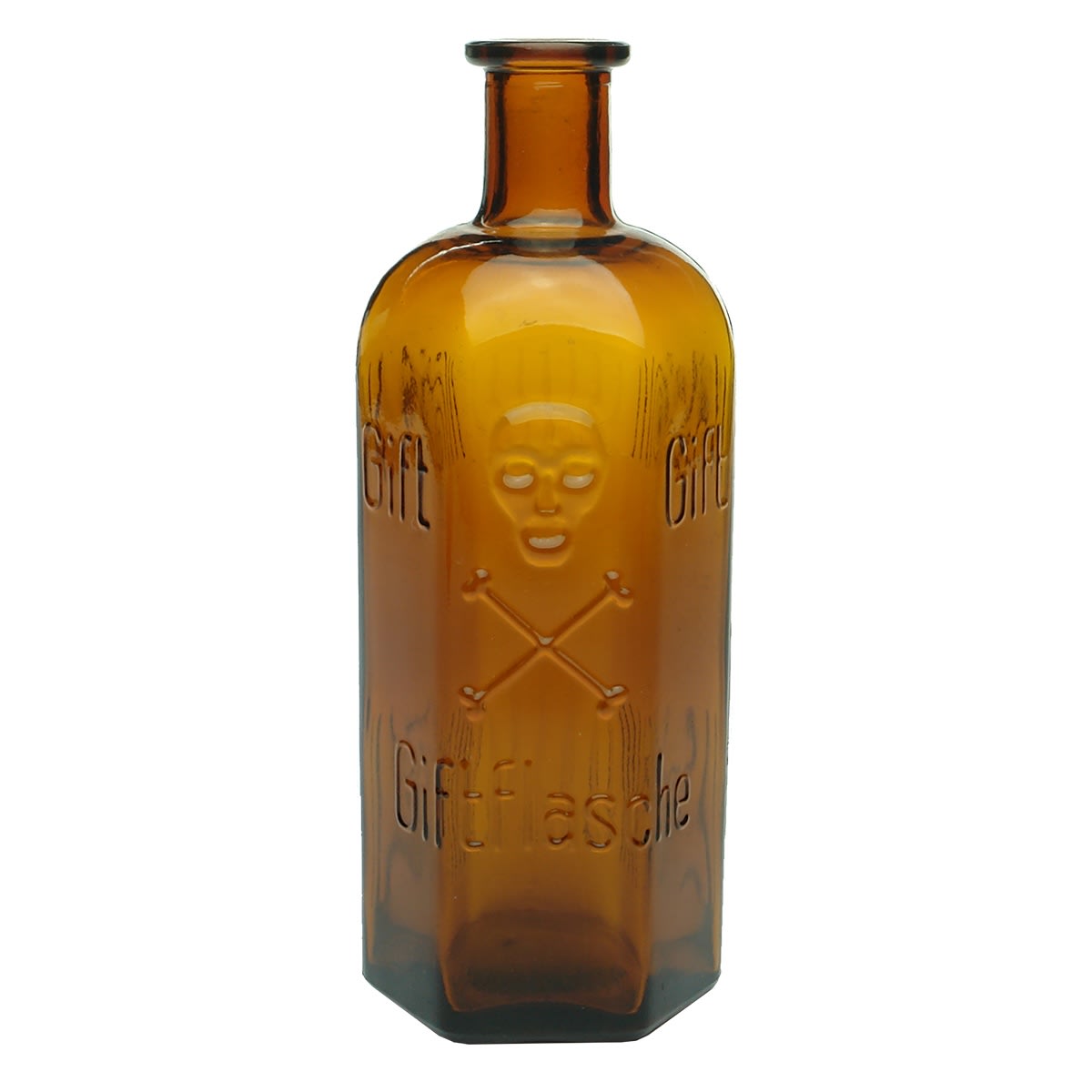 Poison. German. Giftflasche. Skull & Crossbones. Amber. Hexagonal. 250 ml.