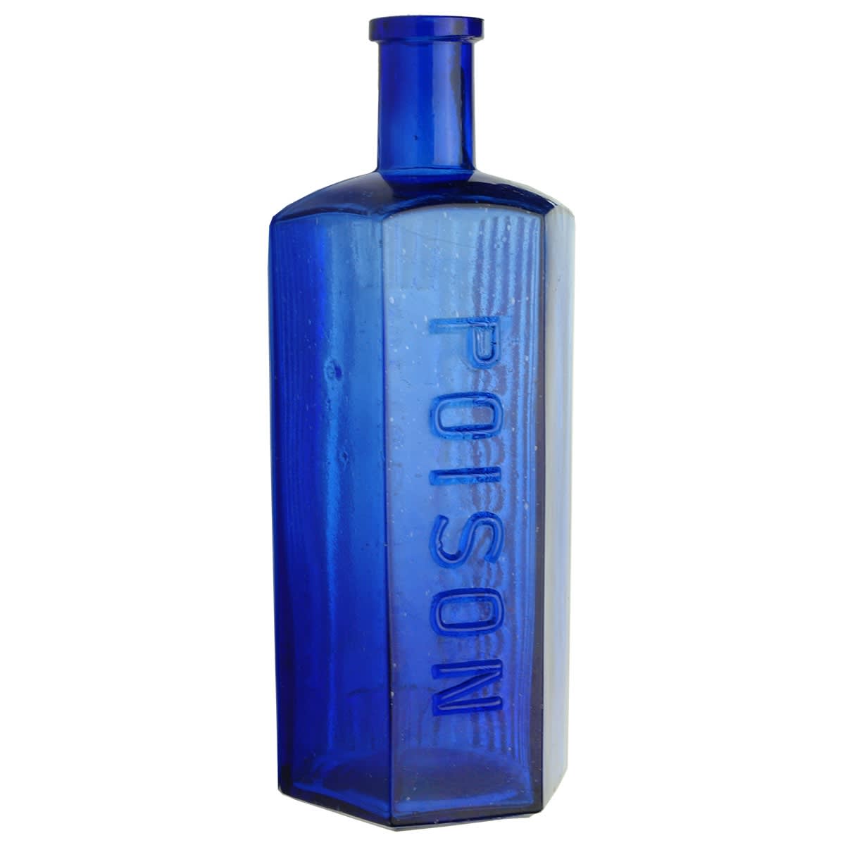 Poison. Hexagonal. Not to be taken down front. POISON in bold letters down back. Vertical ribs to front three panels. Cobalt Blue. 16 oz. 207 mm.