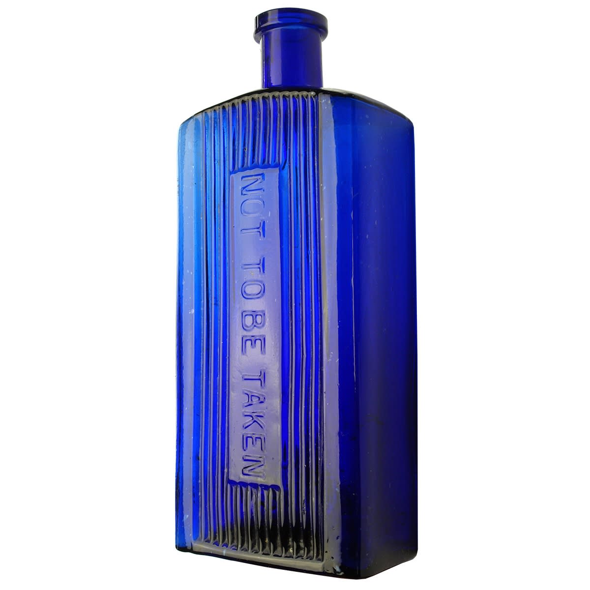 Poison. Not to be taken in panel on front amongst vertical ribs. Oblong. Tool finished top. Cobalt Blue. 16 oz. 204 mm.
