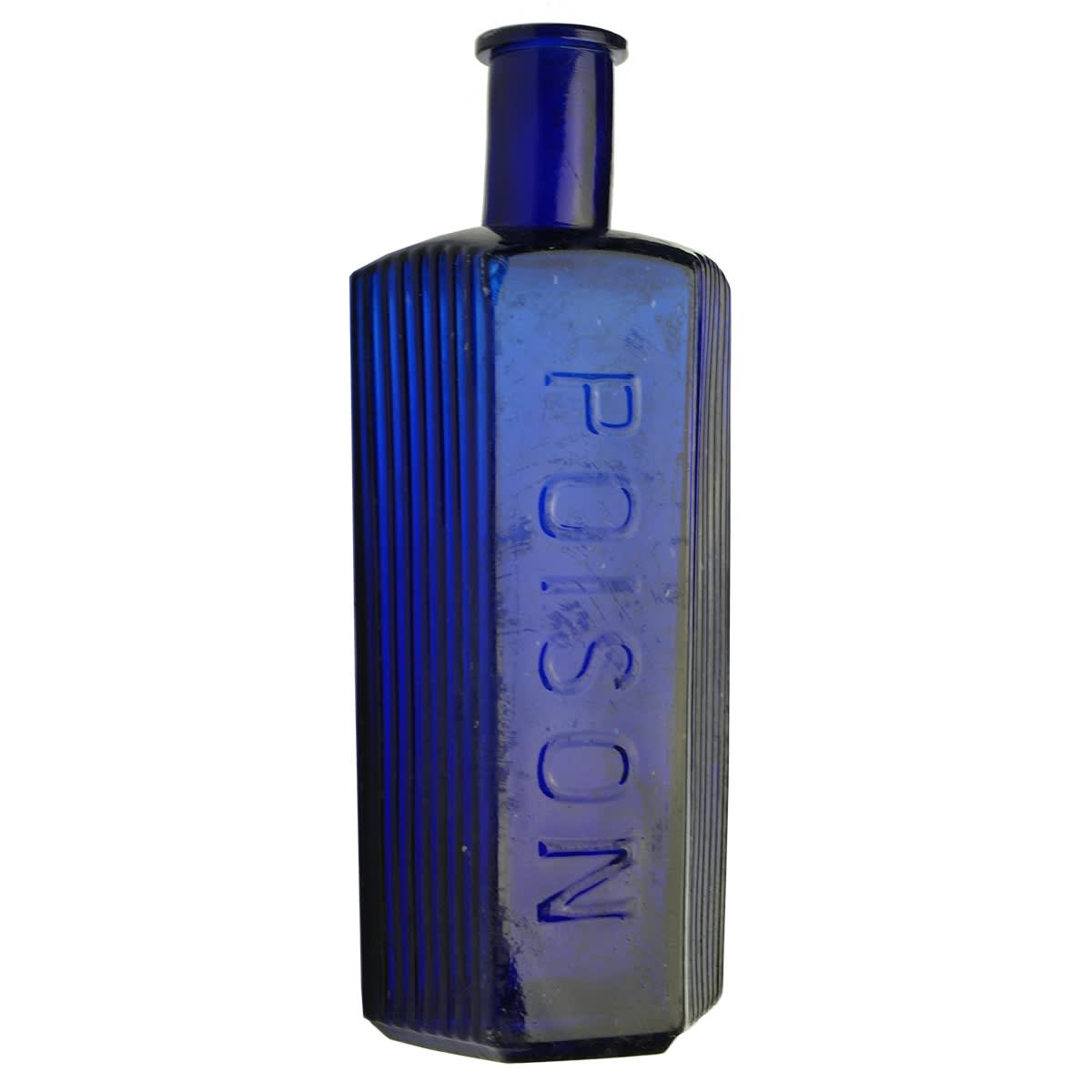Poison. Hexagonal. Poison down front in large single word. 8 indented ribs to panels on either side. Cobalt Blue. 16 oz. 205 mm.
