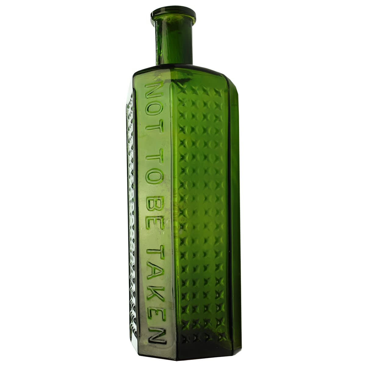 Poison. Not to be taken. Rd No. 334871. Lewis & Towers Practical Poison Bottle. Irregular Hexagon. Green. 16 oz. 216 mm.