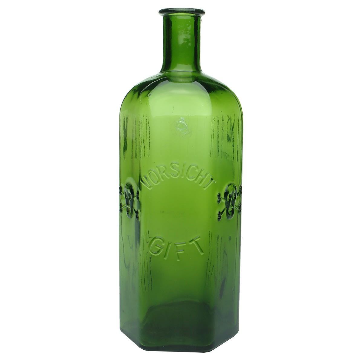 Poison. German. Vorsicht Gift. Hexagonal green bottle with Skull & Crossbones. 500 ml.