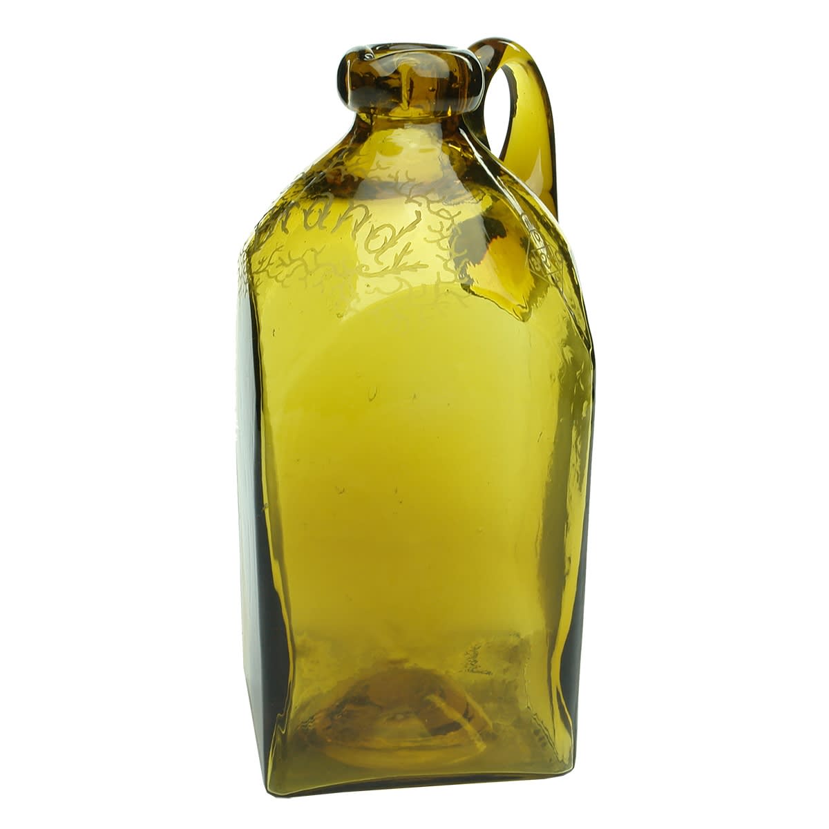 Brandy. Early amber glass. etched Brandy across the front. Faintly embossed and etched Registration Diamond. Tube pontil scar to base.