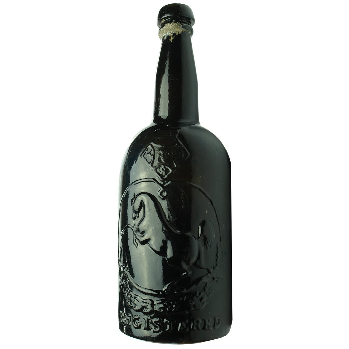 Beer. Black Horse Ale. Black Glass. Squat. 26 oz. Mushroom top.