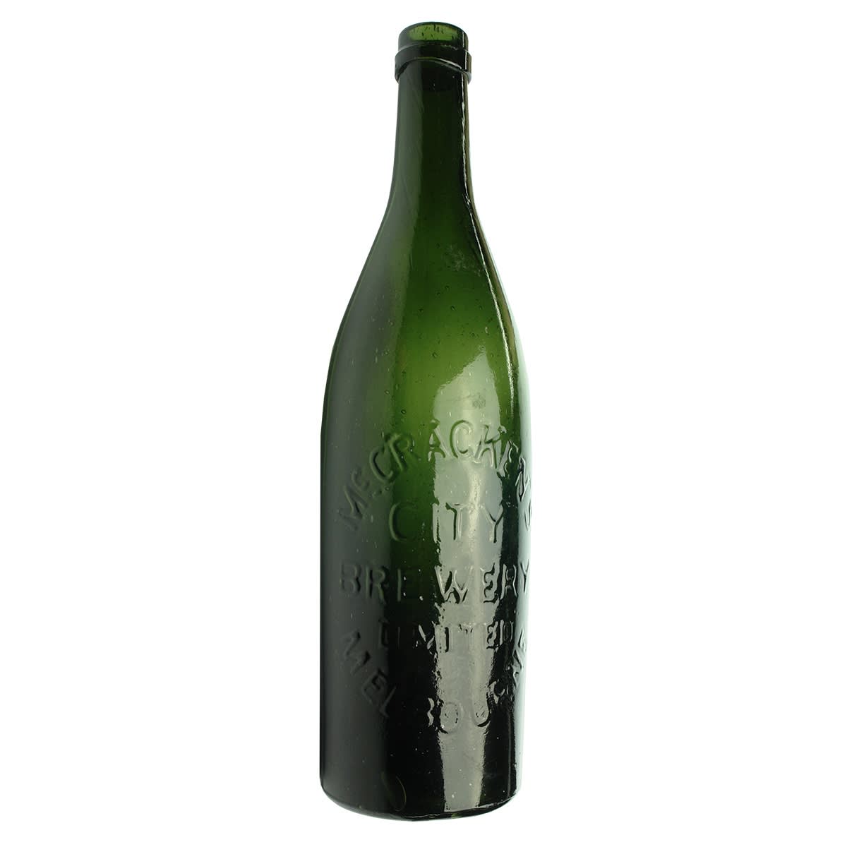 Beer. McCracken's, Melbourne. Ring Seal. Slightly indented base with no markings. Green. 26 oz. (Victoria)