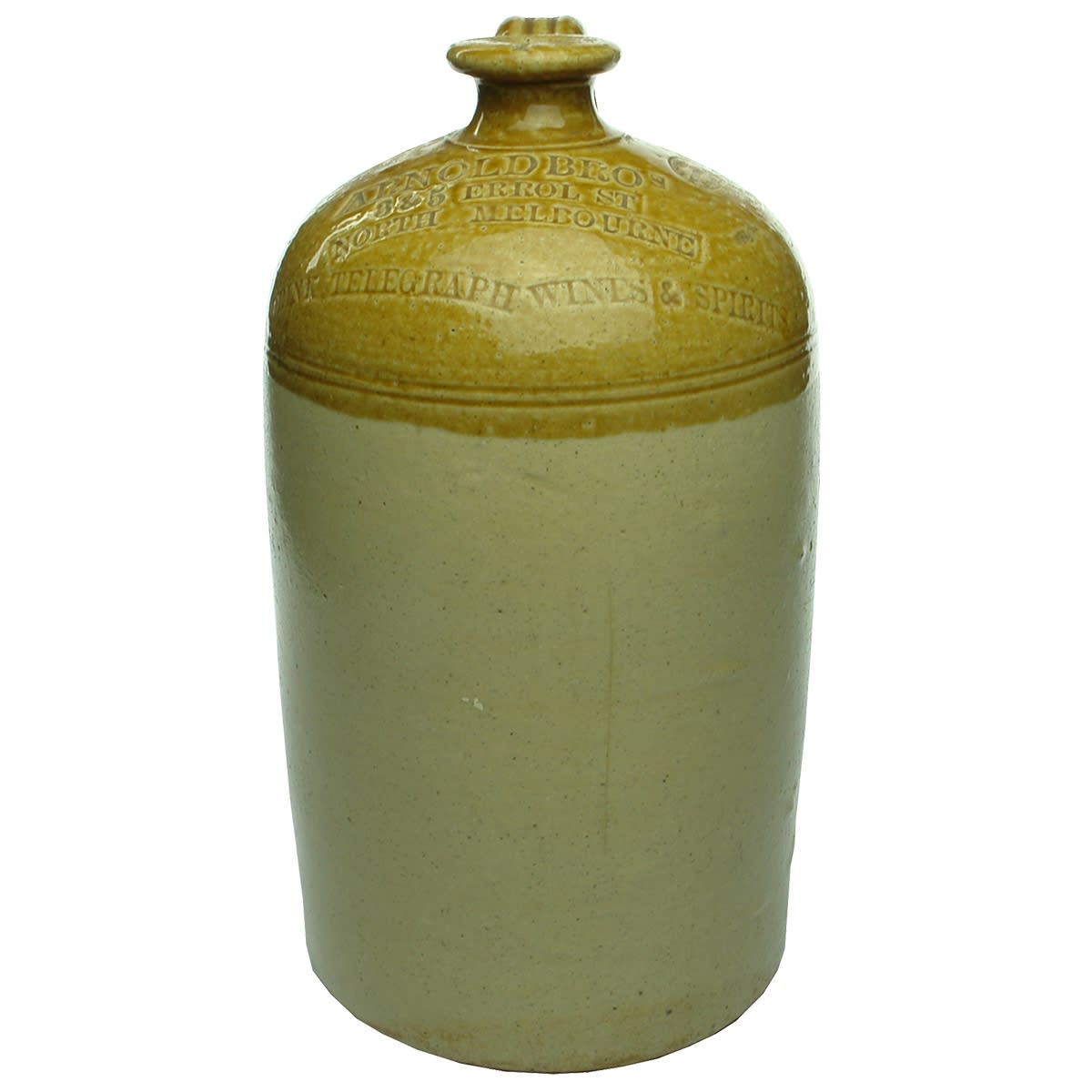 Demijohn. Arnold Bros. Drink Telegraph Wines & Spirits. 3 & 5 Errol Street North Melbourne. Hoffman Pottery Brunswick. (Victoria)