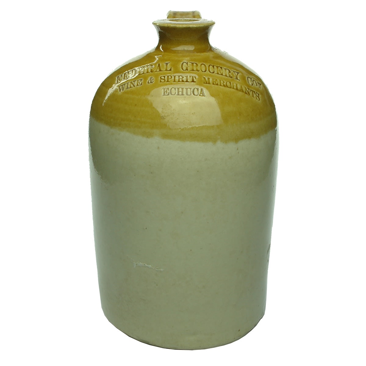 Demijohn. Federal Grocery Coy, Wine & Spirit Merchants, Echuca. Impressed. 1 Gallon. (Victoria)