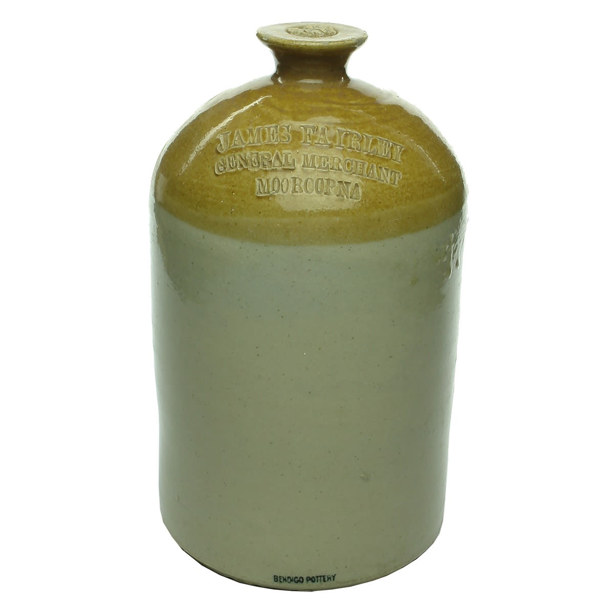 Demijohn. James Fairley, General Merchant, Mooroopna. Bendigo Pottery. 1 Gallon. (Victoria)