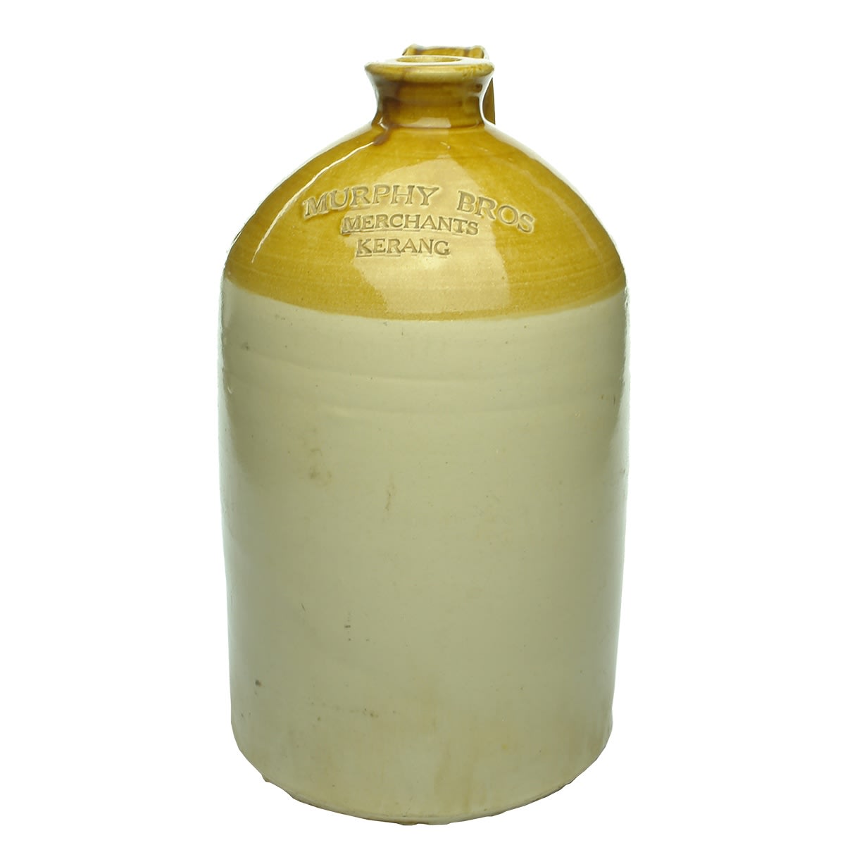 Demijohn. Murphy Bros., Merchants, Kerang. Impressed. Tan top. 1 Gallon. (Victoria)
