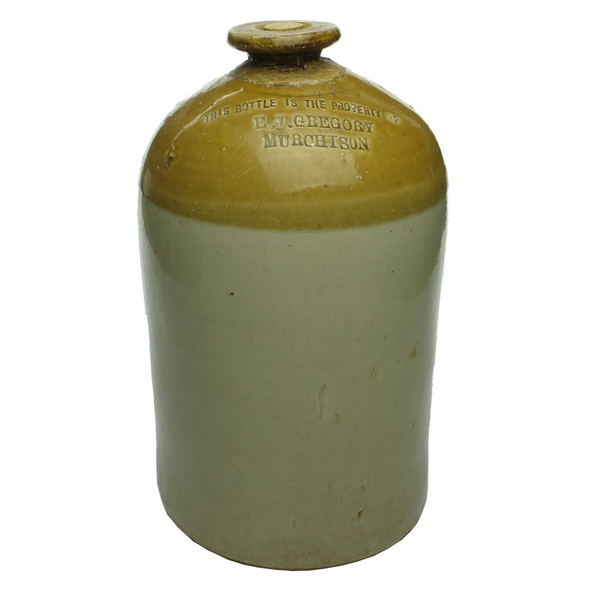 Demijohn. E. J. Gregory, Murchison. Impressed. 1 Gallon. (Victoria)