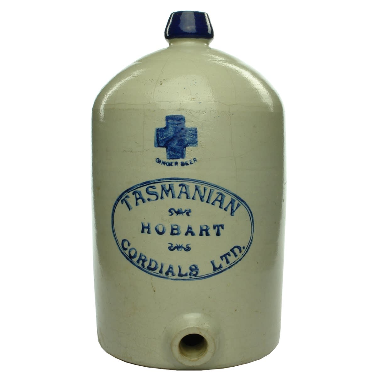 Demijohn. Tasmanian Cordials Ltd. Hobart. Blue Cross. Blue Lip. Spigot. 2 Gallon. (Tasmania)