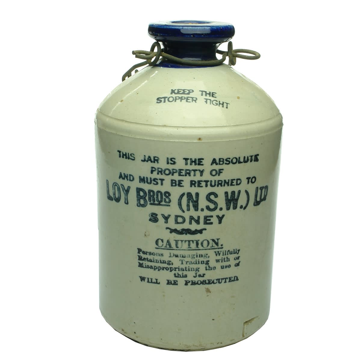 Demijohn. Loy Bros (N. S. W.) Ltd, Sydney. Blue Lip. Half Gallon. (New South Wales)