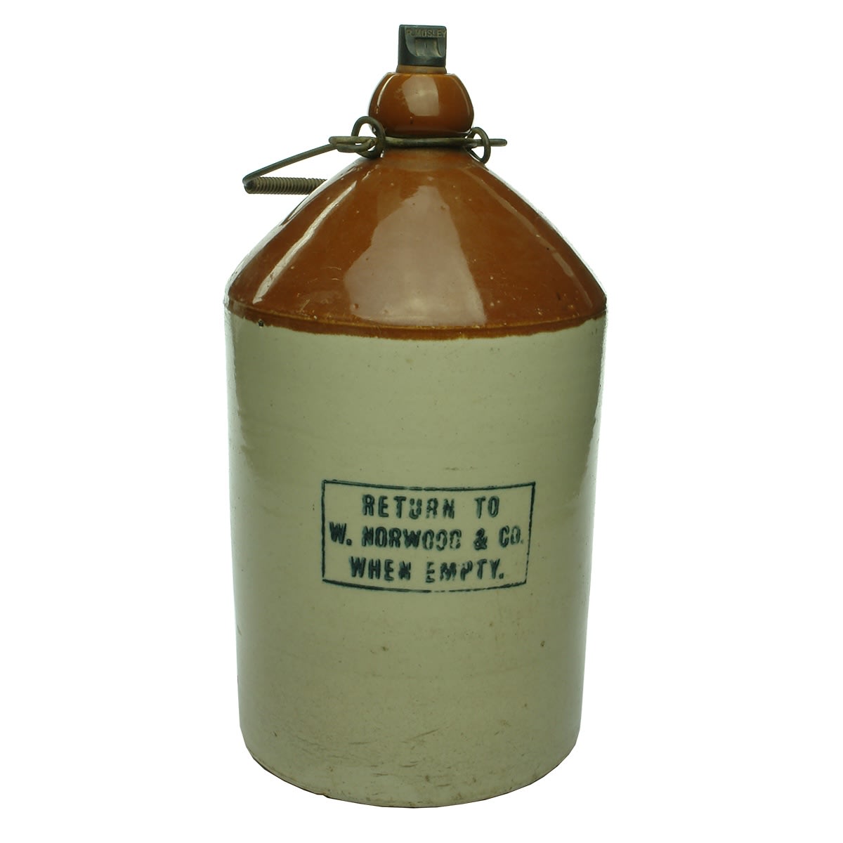 Demijohn. Return to W. Norwood & Co when empty. Chocolate top. (Australia)