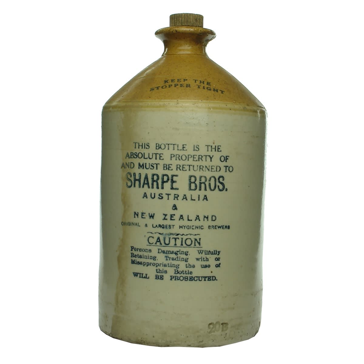 Demijohn. Sharpe Bros., Australia & New Zealand. No Signature. Tan Top. Internal Thread. (Variety with Bottle Printed rather than Jar!)