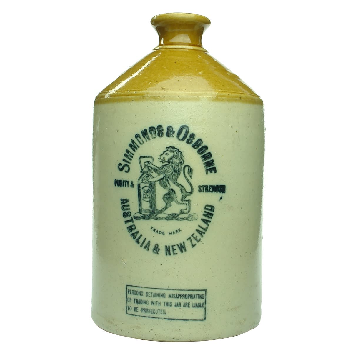 Demijohn. Simmonds & Osborne, Australia & New Zealand. Flat Lip. Tan Top. 1 Gallon. (Australia and New Zealand)