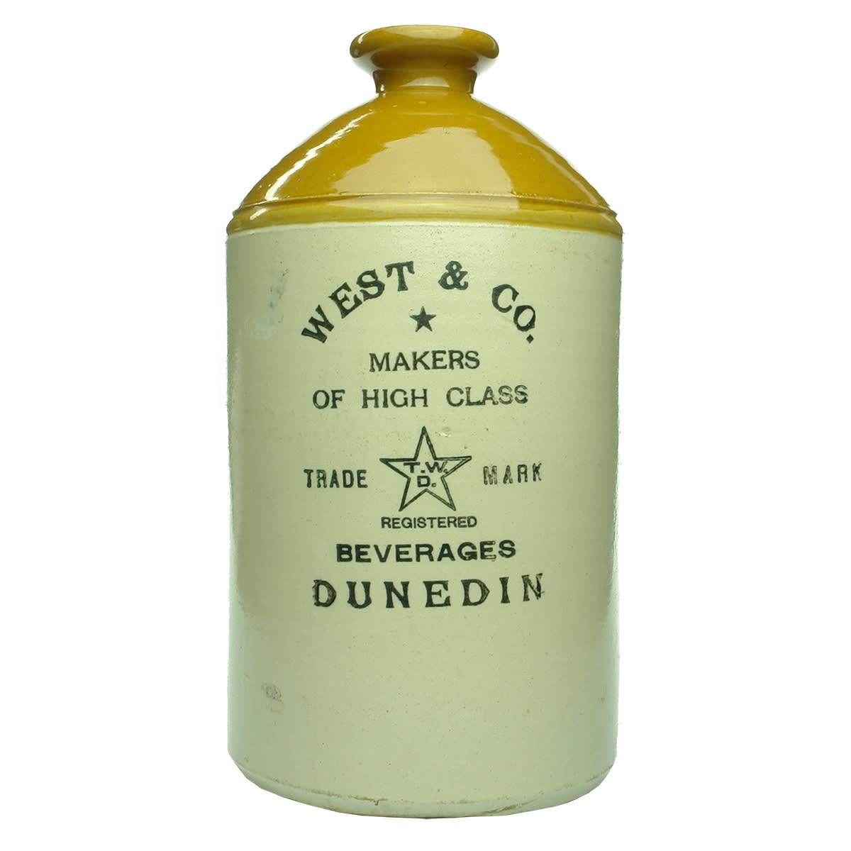 Demijohn. West & Co., Dunedin. Fowler, Sydney. Tan Top. 1 Gallon. (New Zealand)