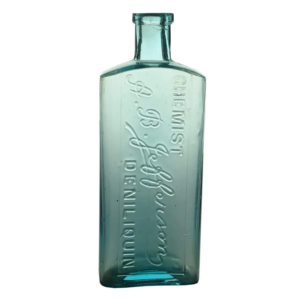 Chemist. A. B. Jefferson, Deniliquin. Name in script. Blue Aqua. 6 oz. 162 mm. (New South Wales)