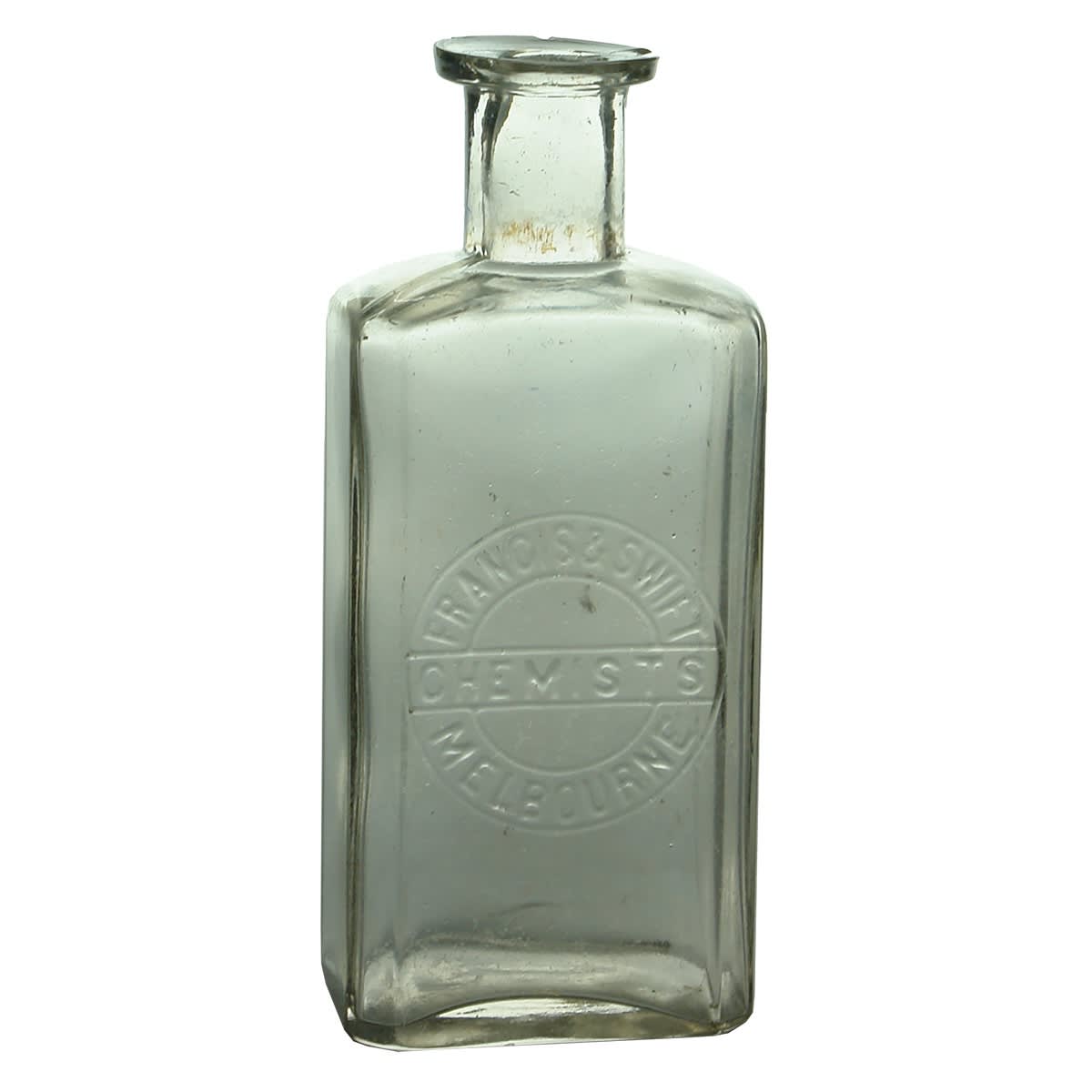 Chemist Bottle. Francis & Swift, Chemists, Melbourne. Flint Glass. 3 oz 124 mm. (Victoria)