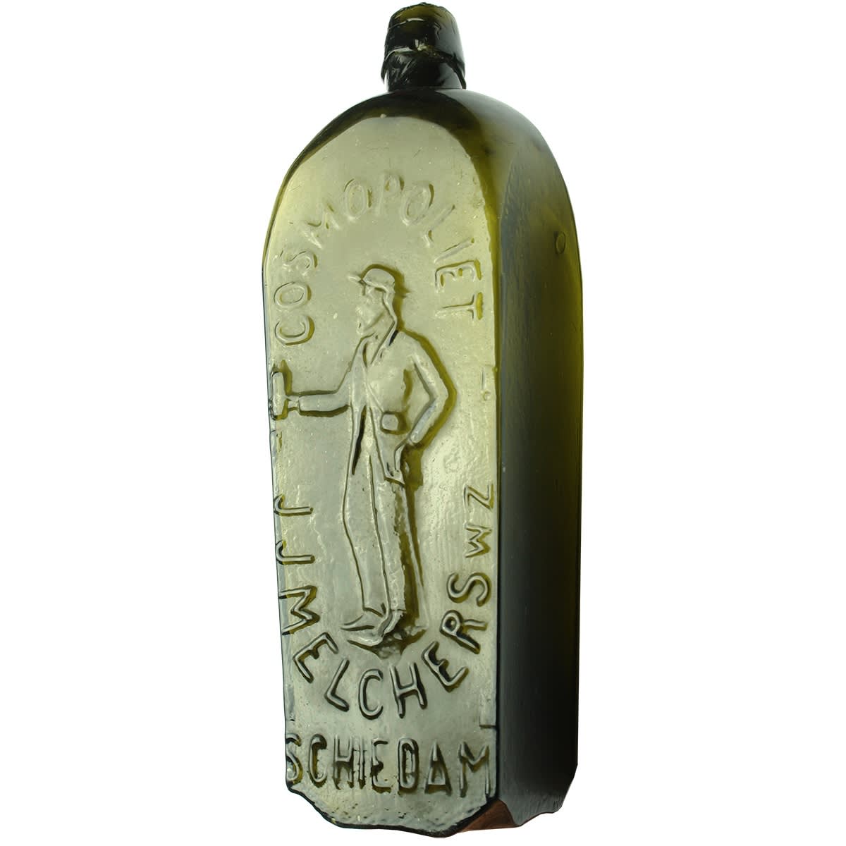 Gin. J. J. Melchers, Schiedam, Cosmopoliet, "Man Gin". Black. Quart. (Netherlands)