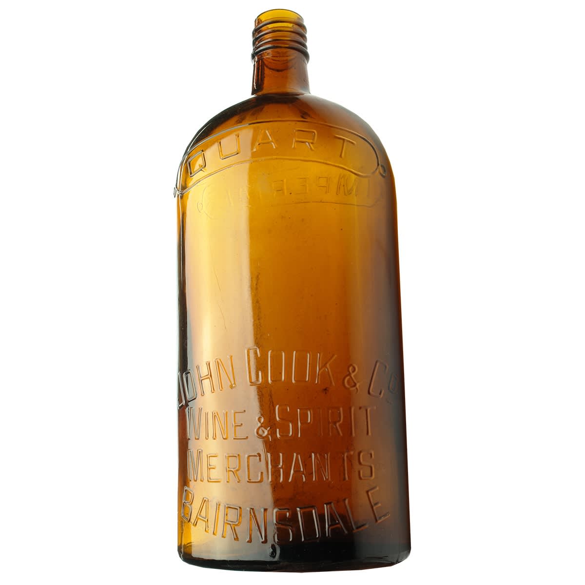 Spirits. John Cook & Co., Wine & Spirit Merchants, Bairnsdale. Quart. Amber. Screw top. (Gippsland, Victoria)