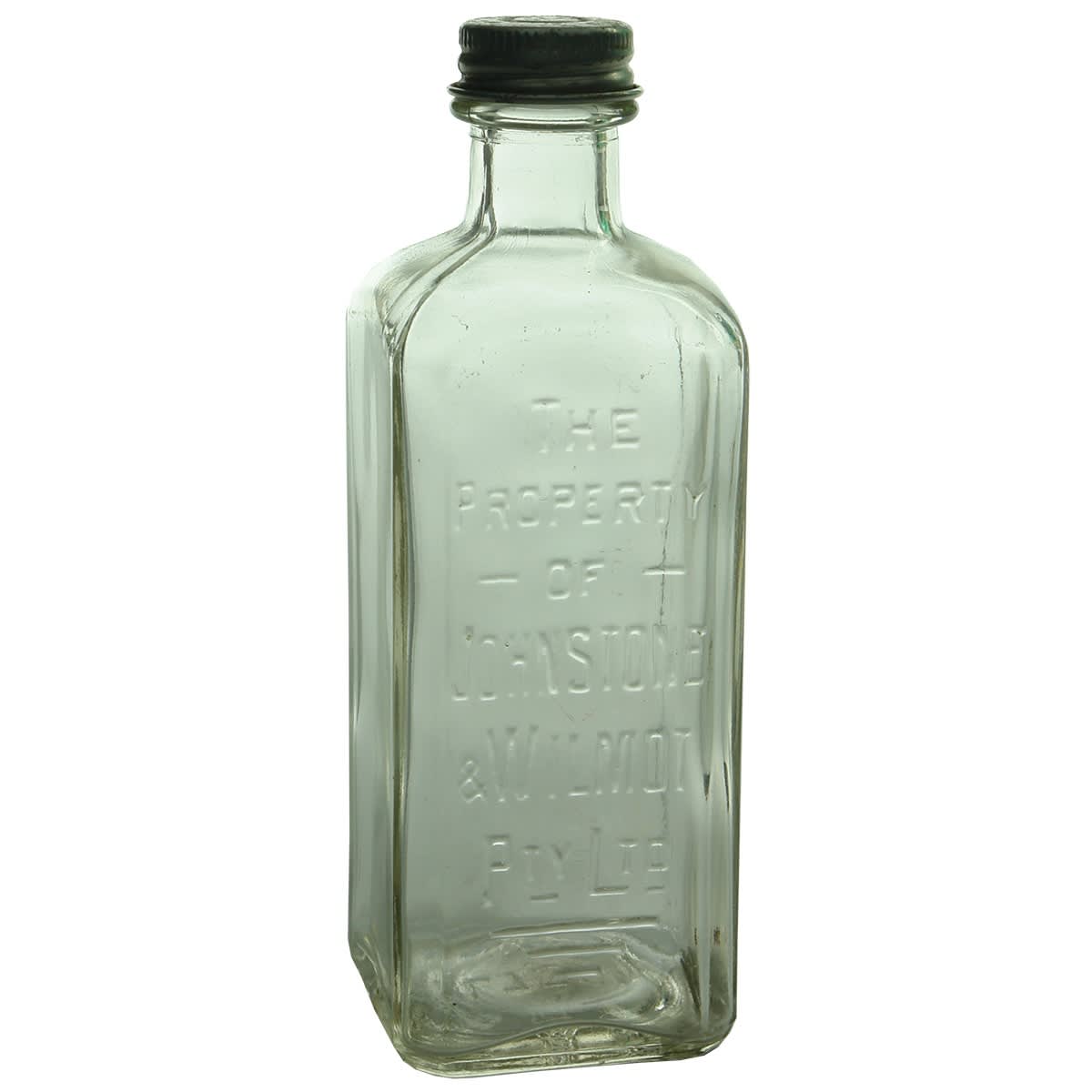 Spirits. Johnstone & Wilmot Pty Ltd. Screw top. Small square bottle. Clear. 4 oz. (Launceston, Tasmania)