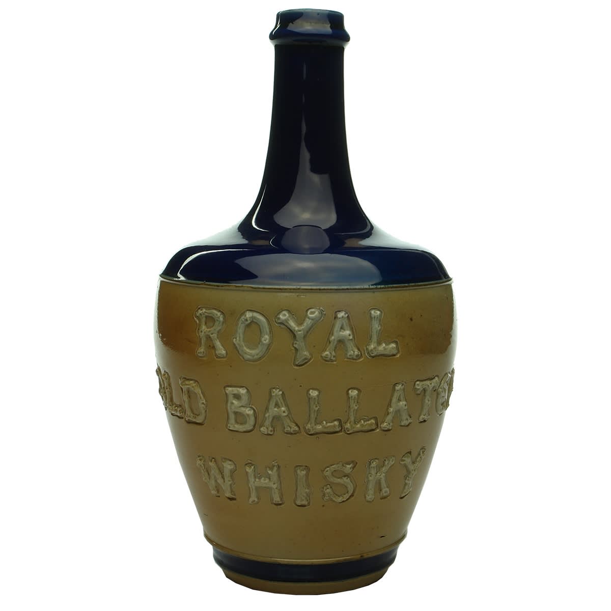 Whisky Jug. Royal Old Ballater Whisky. Royal Doulton. Blue top.