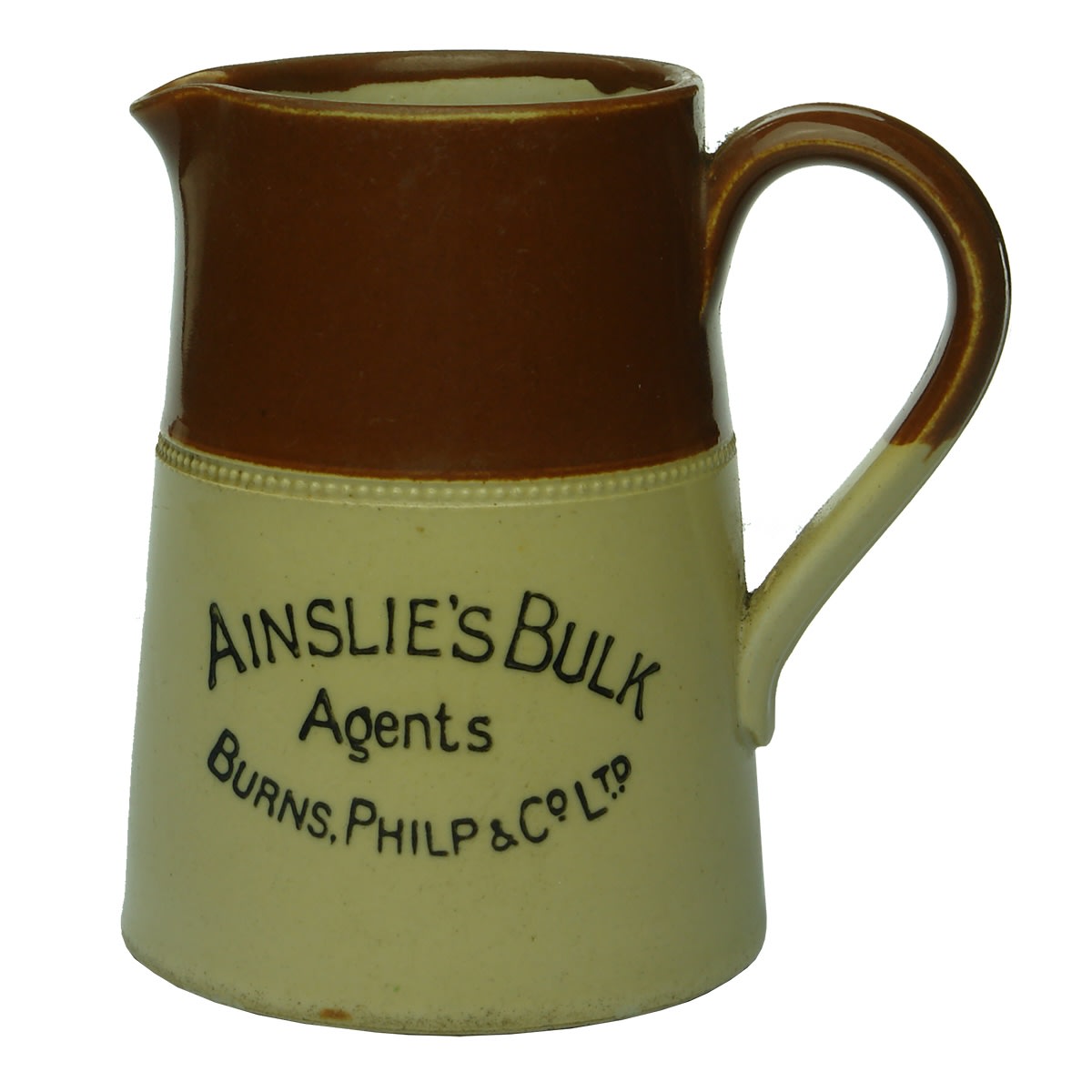 Whisky advertising Water Jug. Ainslie's Bulk, Agents Burns, Philp & Co Ltd. (Queensland & New South Wales)