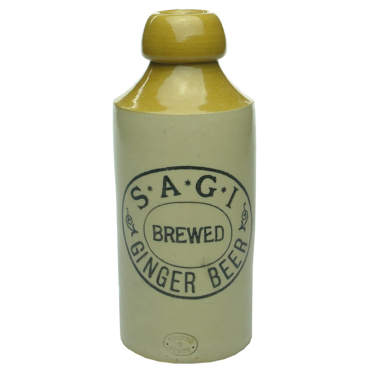 Ginger Beer. S.A.G.I. Brewed Ginger Beer. Cork Stopper. Dump. Tan Top. (South African Garrison Institutes)