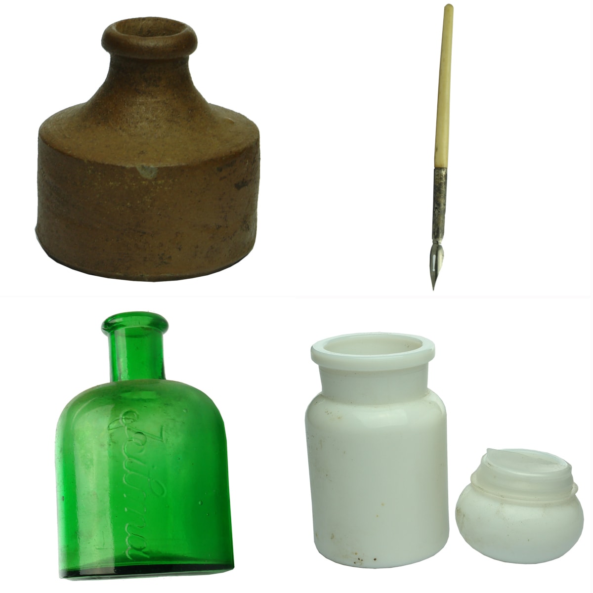 5 Items: Long Neck Penny Ink Bone handle pen Icilma Belgian Milk Glass Jar Door Knob.