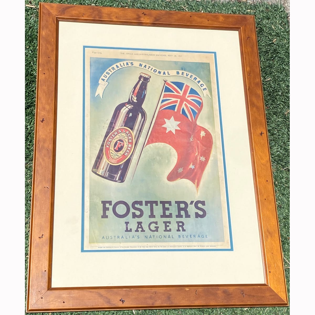 Framed Advertising Page. Foster's Lager. Australia's National Beverage. Red Australian Flag. The Argus & Australasian Souvenir, May 24th 1937. Page 40.