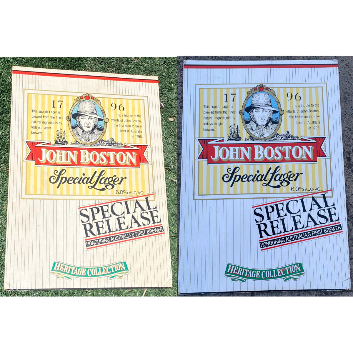 2 Cardboard Advertising Signs. John Boston Special Lager. 6.0% Special Release. Heritage Collection. (Bond Brewing Australia)