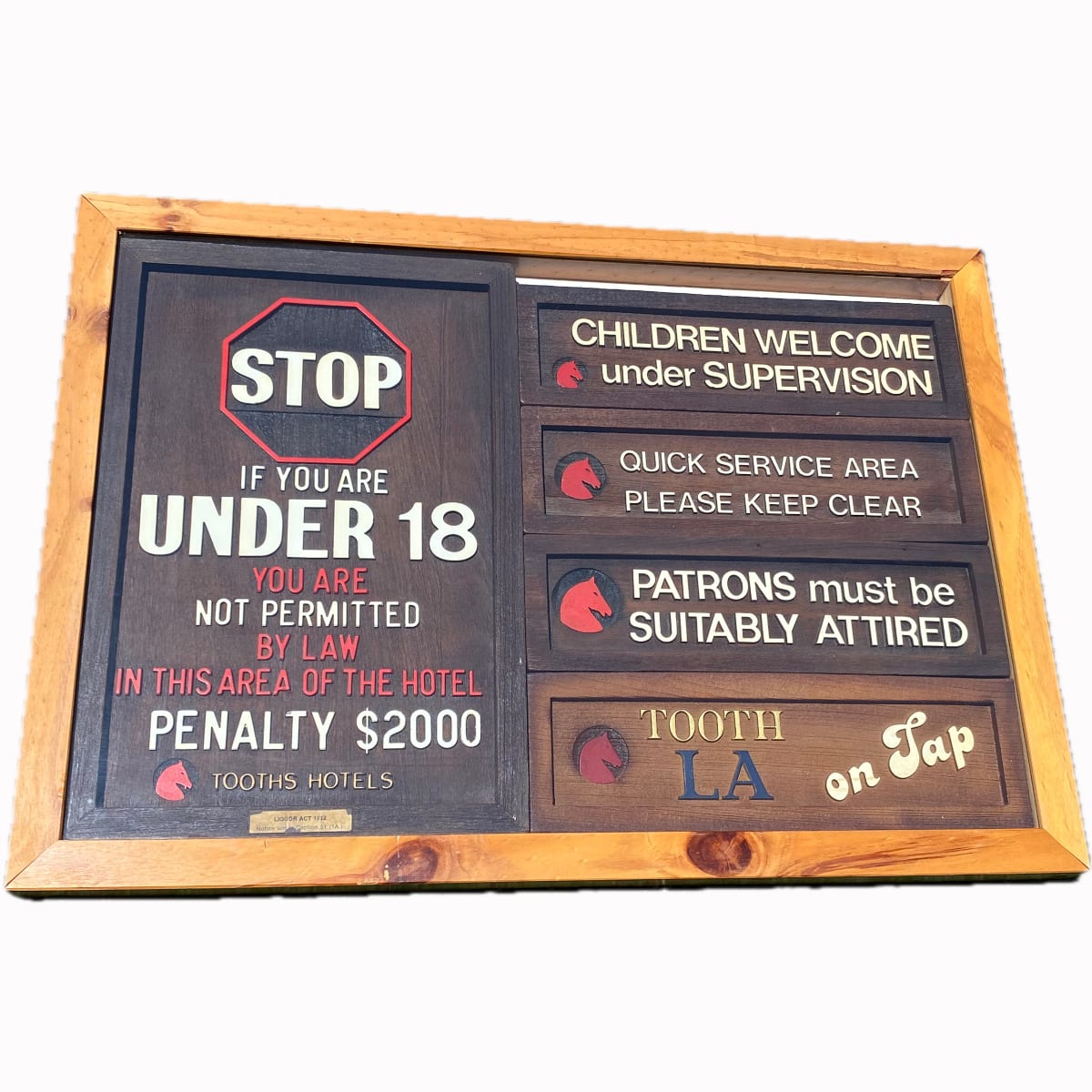 Framed group of Tooths Hotels internal signs. Warnings directions and LA on Tap signs. Great vintage set. (Not for post. Arrangements will have to be made by winning bidder for pickup or courier delivery)  (Tooth & Co Ltd, Sydney).