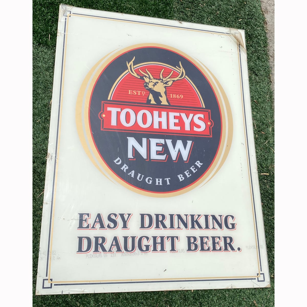 Original large Tooheys New Draught Beer Plexiglass Sign.  (Not for post. Arrangements will have to be made by winning bidder for pickup or courier delivery)  (Sydney, New South Wales)