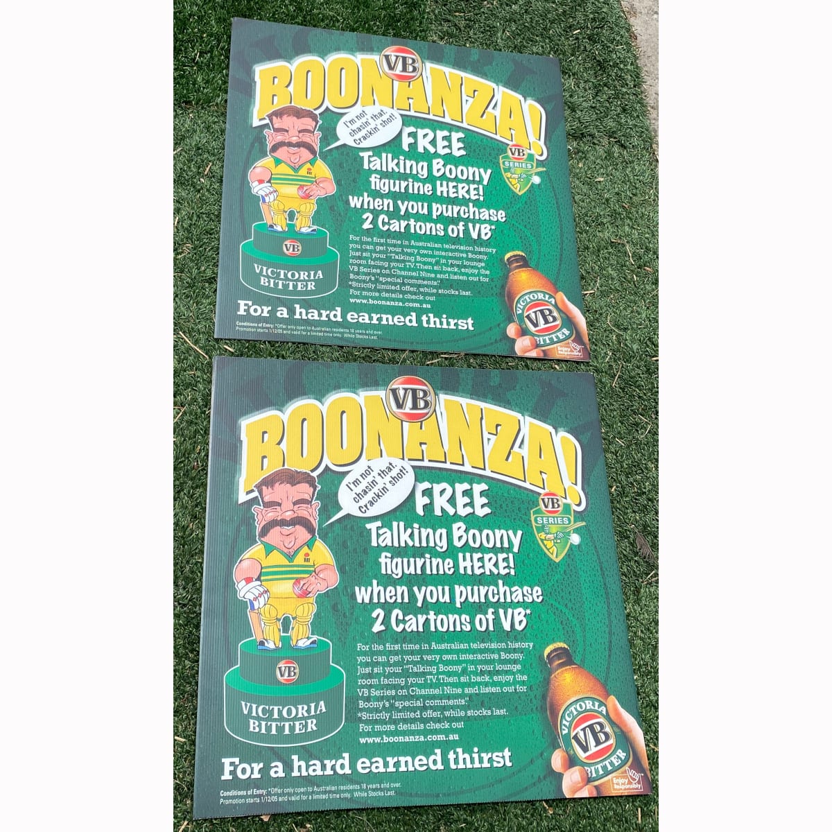 2 x Corflutes Advertising Boonanza! VB Victoria Bitter Talking Boony Promotion.