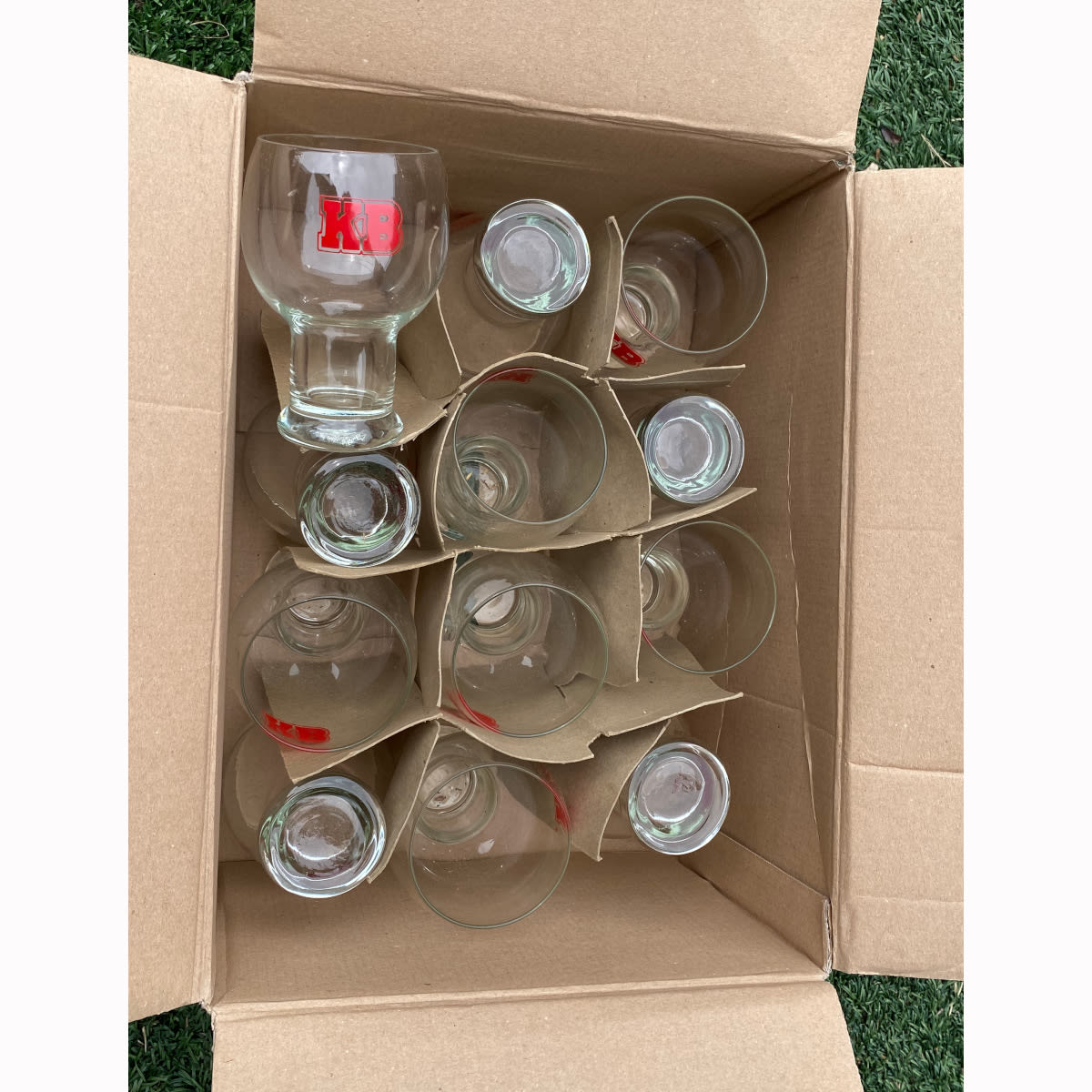One dozen red ceramic label print KB Lager beer Glasses. (Tooth & Co Ltd, Sydney, New South Wales)