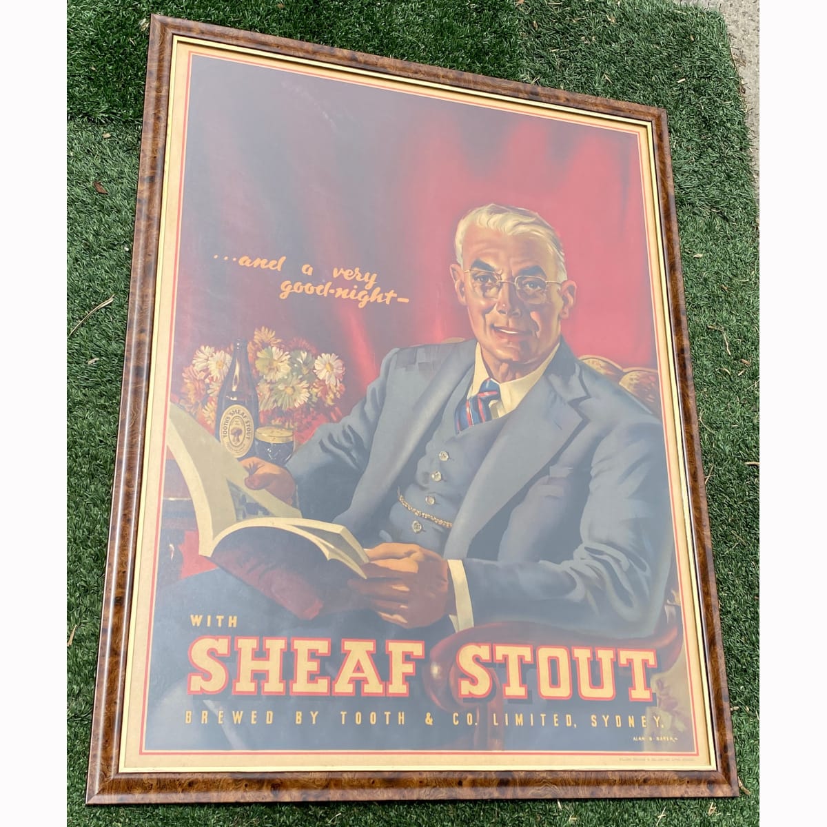 Framed large poster. Tooth & Co Limited Sydney Sheaf Stout. And a very good-night. Gentleman with a book and a bottle and glass of stout. Alan D. Baker. William Brooks & Co Litho Sydney. (Not for post. Arrangements will have to be made by winning bidder for pickup or courier delivery)   (New South Wales)
