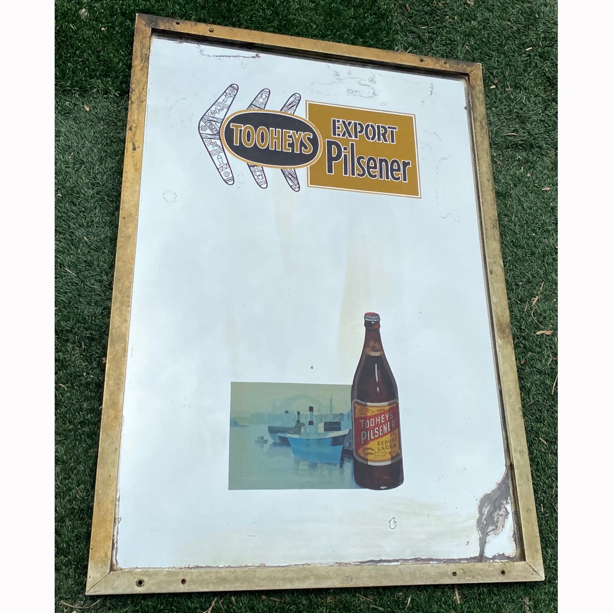 Tooheys Export Pilsener advertising mirror. Boomerangs, Sydney Harbour Scene. Labelled crown seal bottle. (Not for post. Arrangements will have to be made by winning bidder for pickup or courier delivery)  (Sydney, New South Wales)