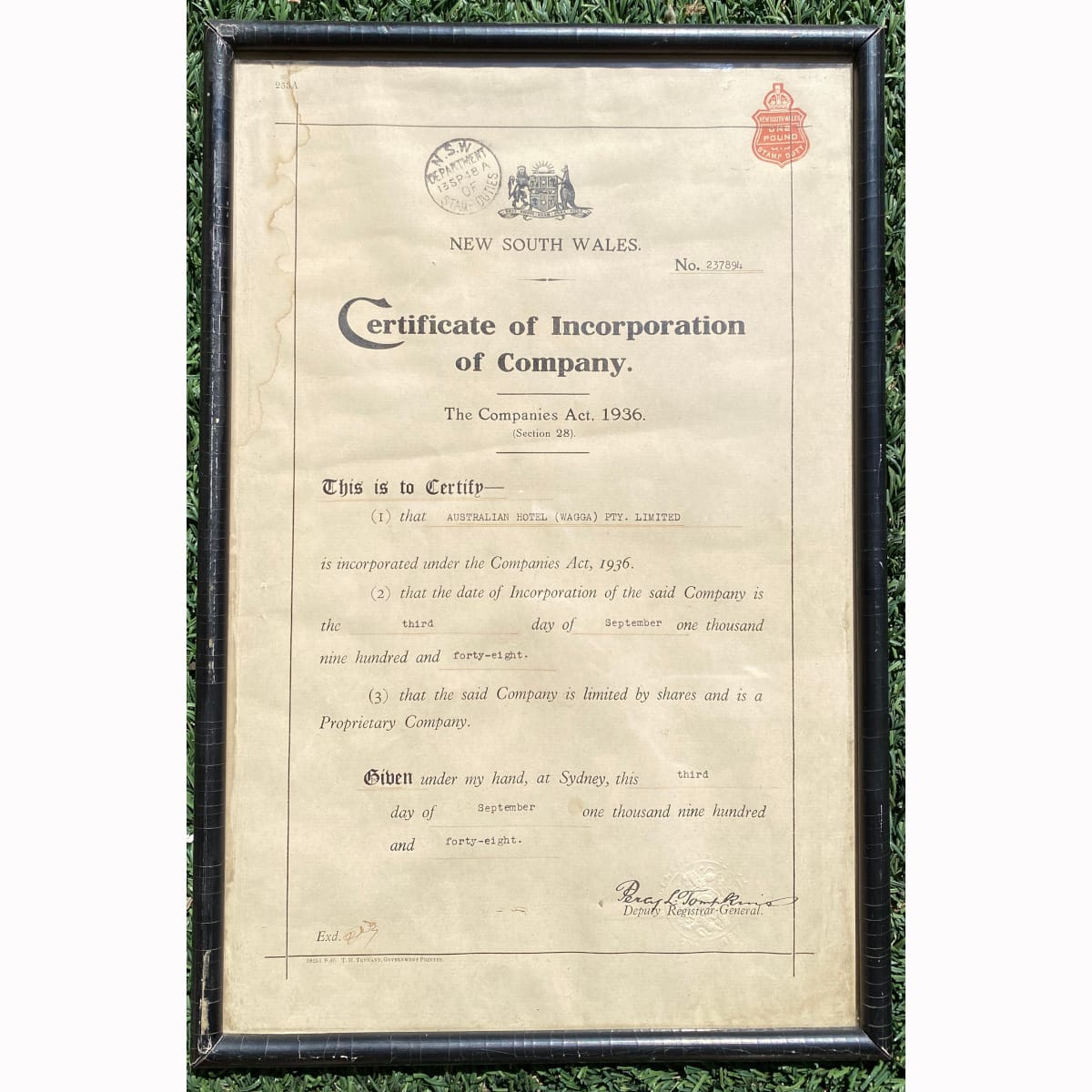 Framed NSW Certificate of Incorporation of Company. Australian Hotel (Wagga) Pty. Limited. 3rd September 1948. (Wagga Wagga, New South Wales)