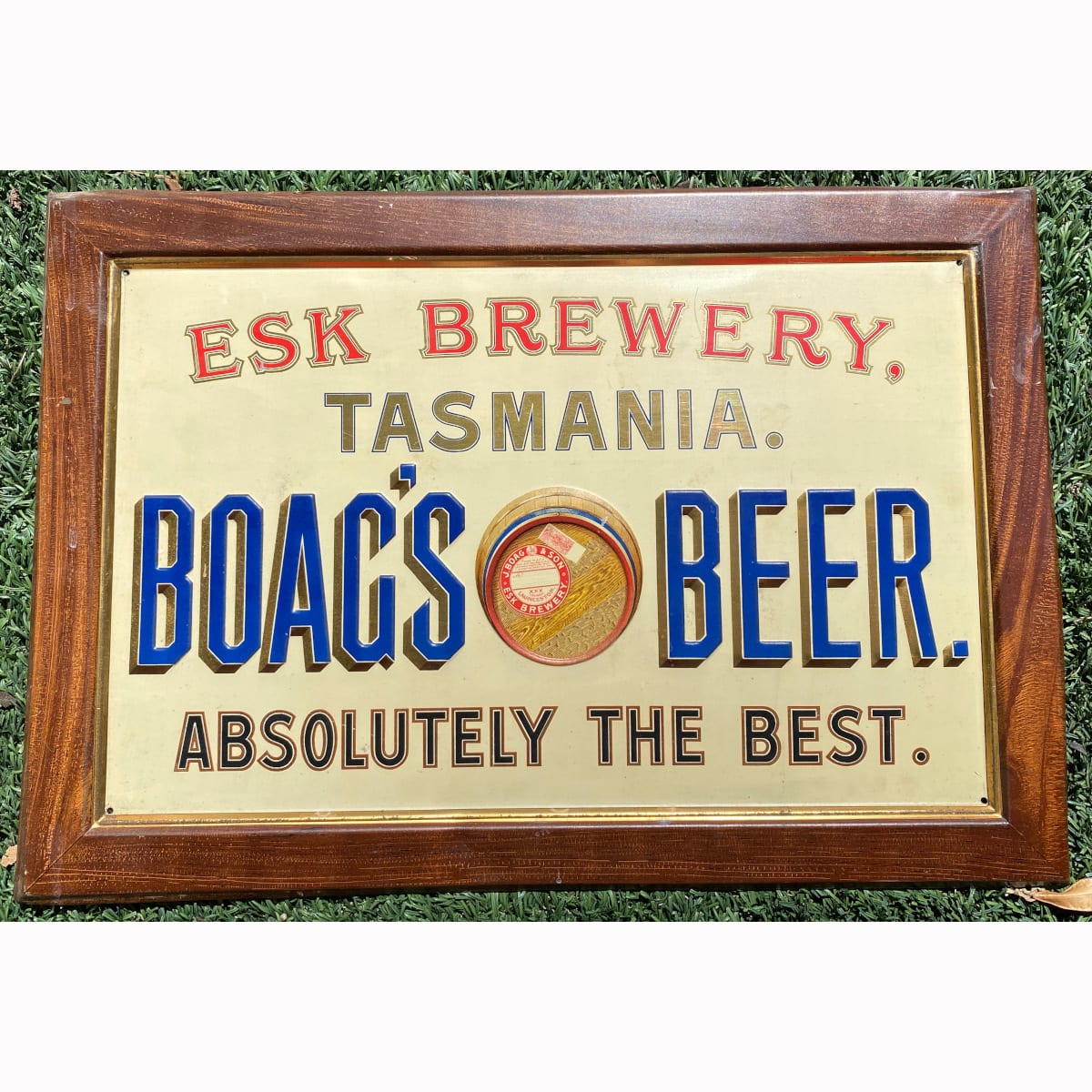 Pressed Tin Sign. Esk Brewery, Tasmania. Boag's Beer. Barrel.