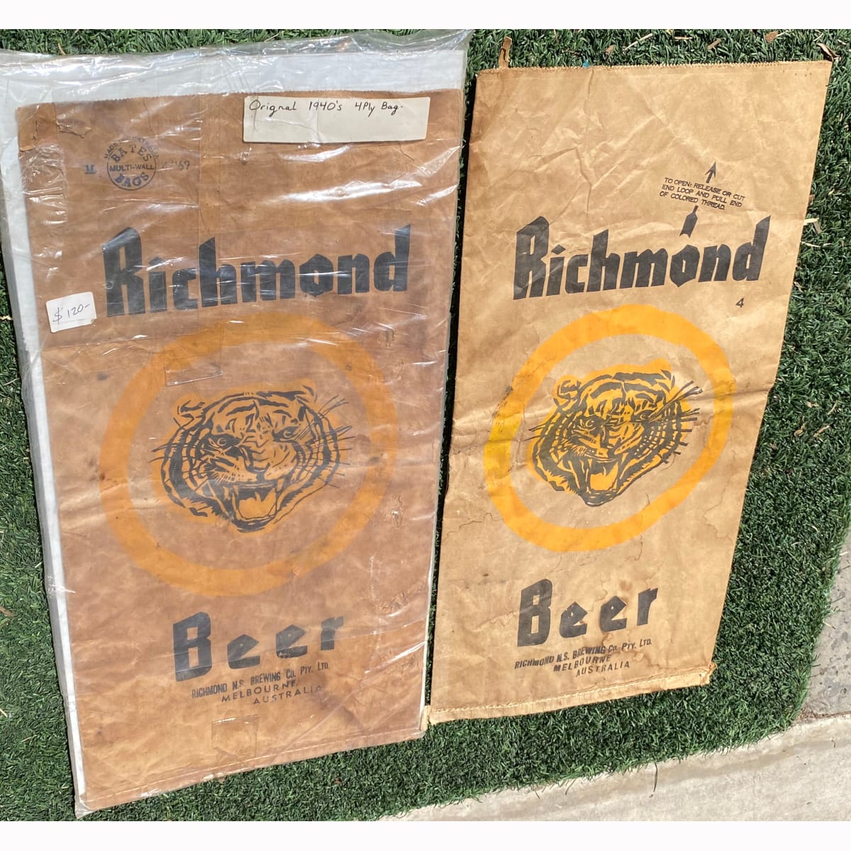 2 Heavy duty Beer Bottle Bags. Richmond Beer. Tigers Head. Richmond N. S. Brewing Co. Pty. Ltd. Melbourne. (Victoria)