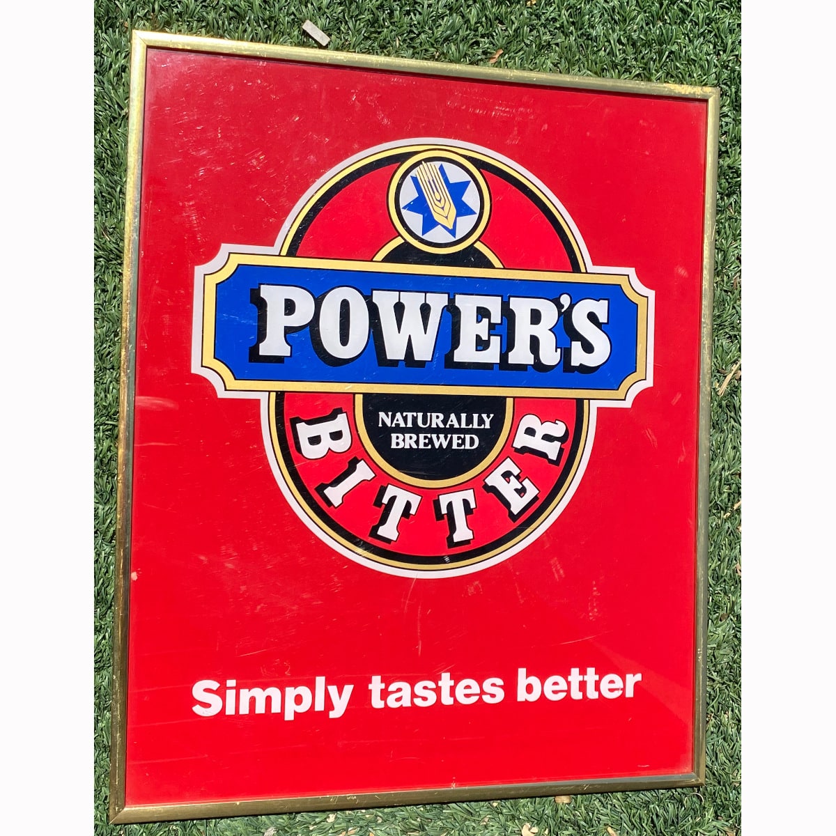Perspex Advertising Sign. Power's Bitter. Simply tastes better. (Not for post. Arrangements will have to be made by winning bidder for pickup or courier delivery) (Queensland)