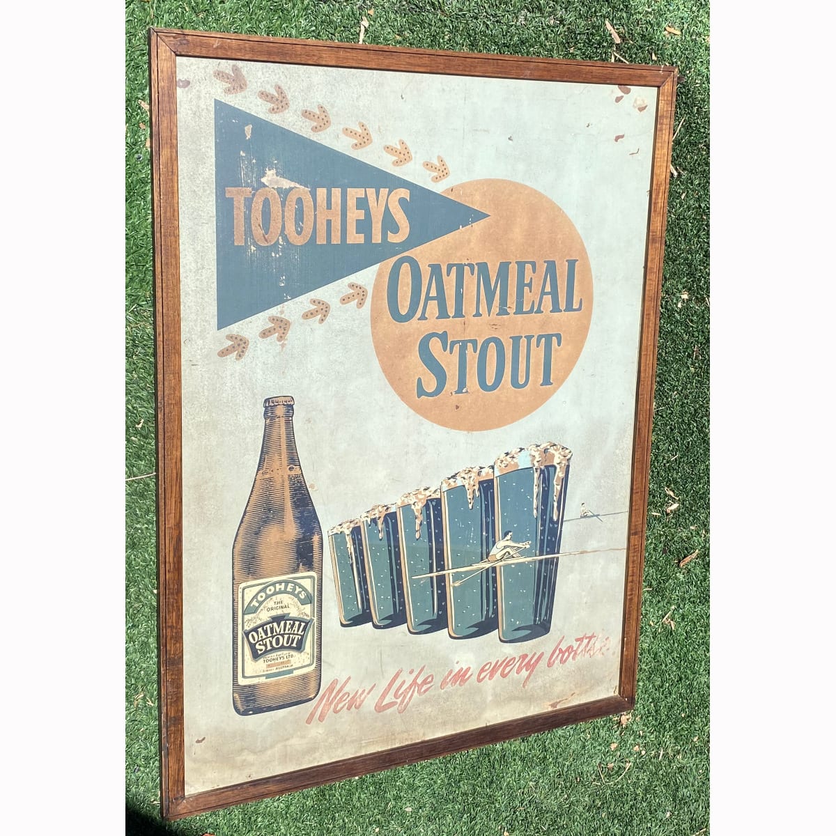 Paper or painted on Masonite advertising sign. Tooheys Oatmeal Stout. New life in every bottle. Rowers. (Not for post. Arrangements will have to be made by winning bidder for pickup or courier delivery)  (Sydney, Australia).