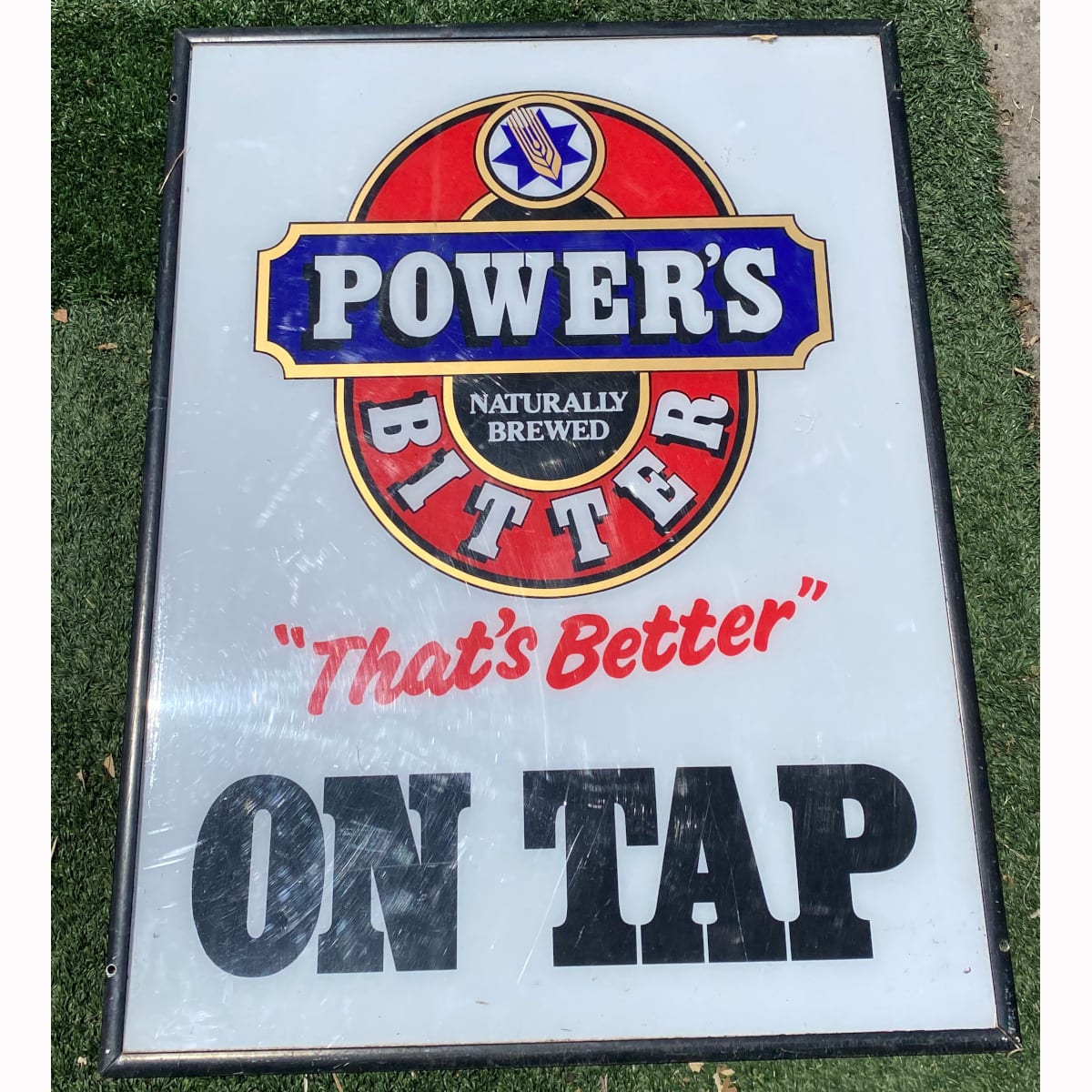 Large Perspex Advertising Sign. Power's Bitter. On Tap. (Not for post. Arrangements will have to be made by winning bidder for pickup or courier delivery)  (Queensland)