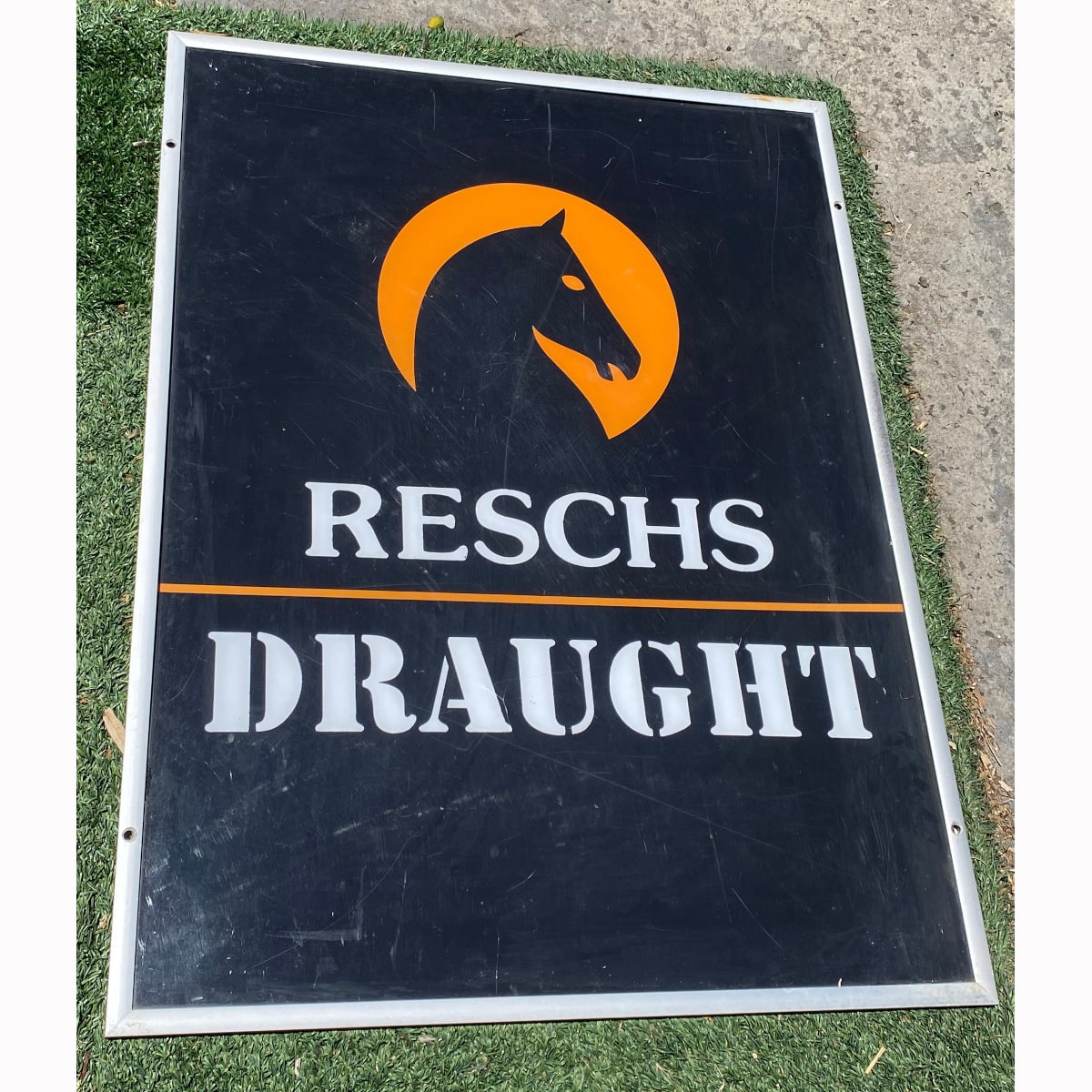 Large Perspex Advertising Sign. Black & Orange Reschs Draught with Horse Head logo. (Not for post. Arrangements will have to be made by winning bidder for pickup or courier delivery)  (Tooth & Co Ltd., Sydney, New South Wales)
