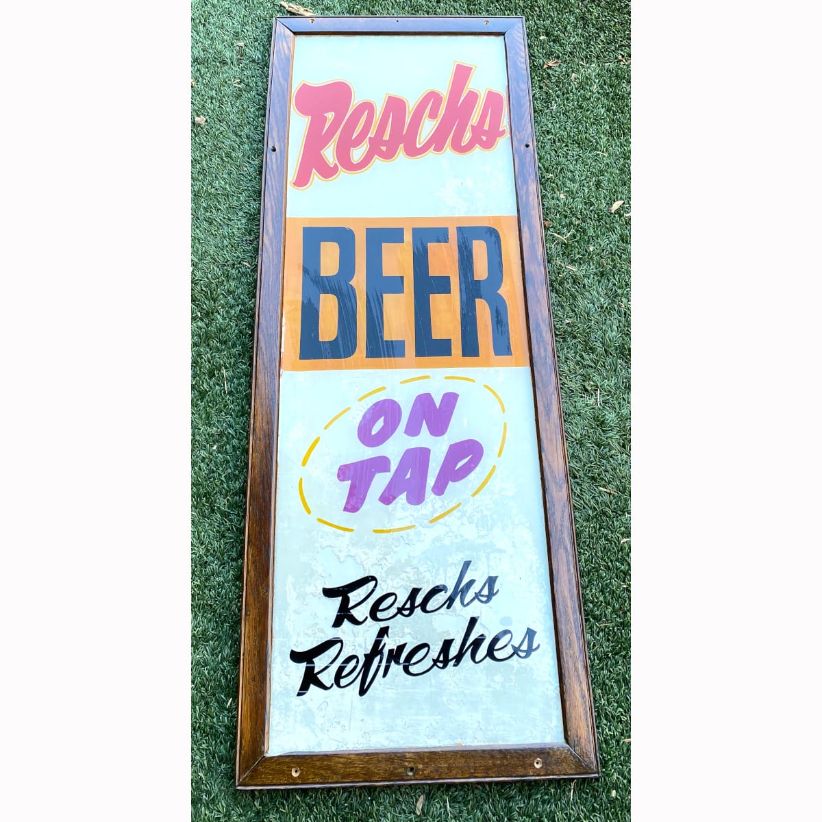 Painted Glass Advertising Sign. Reschs Beer On Tap. Reschs Refreshes. (Not for post. Arrangements will have to be made by winning bidder for pickup or courier delivery)  (Sydney, New South Wales)