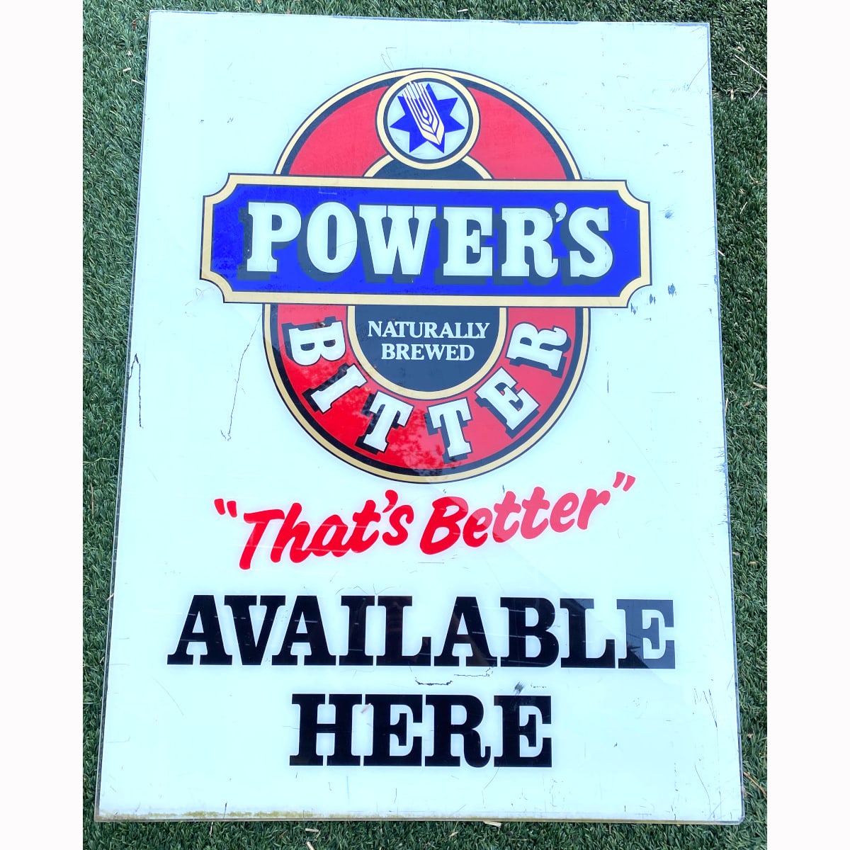 Large Perspex Advertising Sign. Unframed. Power's Bitter. Available Here. (Not for post. Arrangements will have to be made by winning bidder for pickup or courier delivery)  (Queensland)