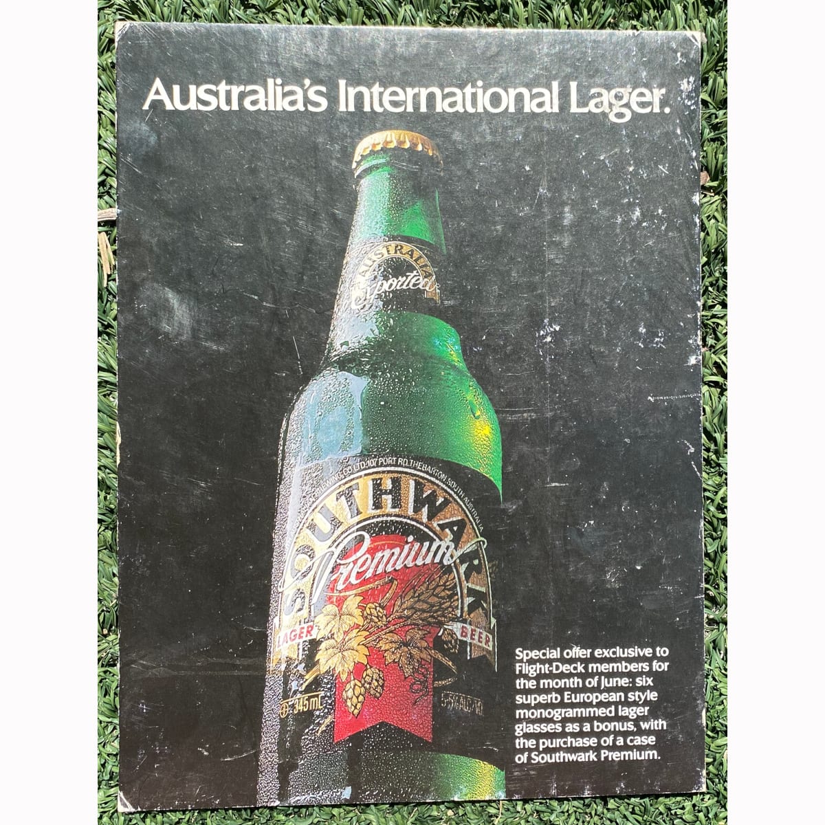 Small Cardboard Advertising Sign. Southwark Premium Lager Beer. TAA or Australian Airlines Flight Deck. (South Australia)