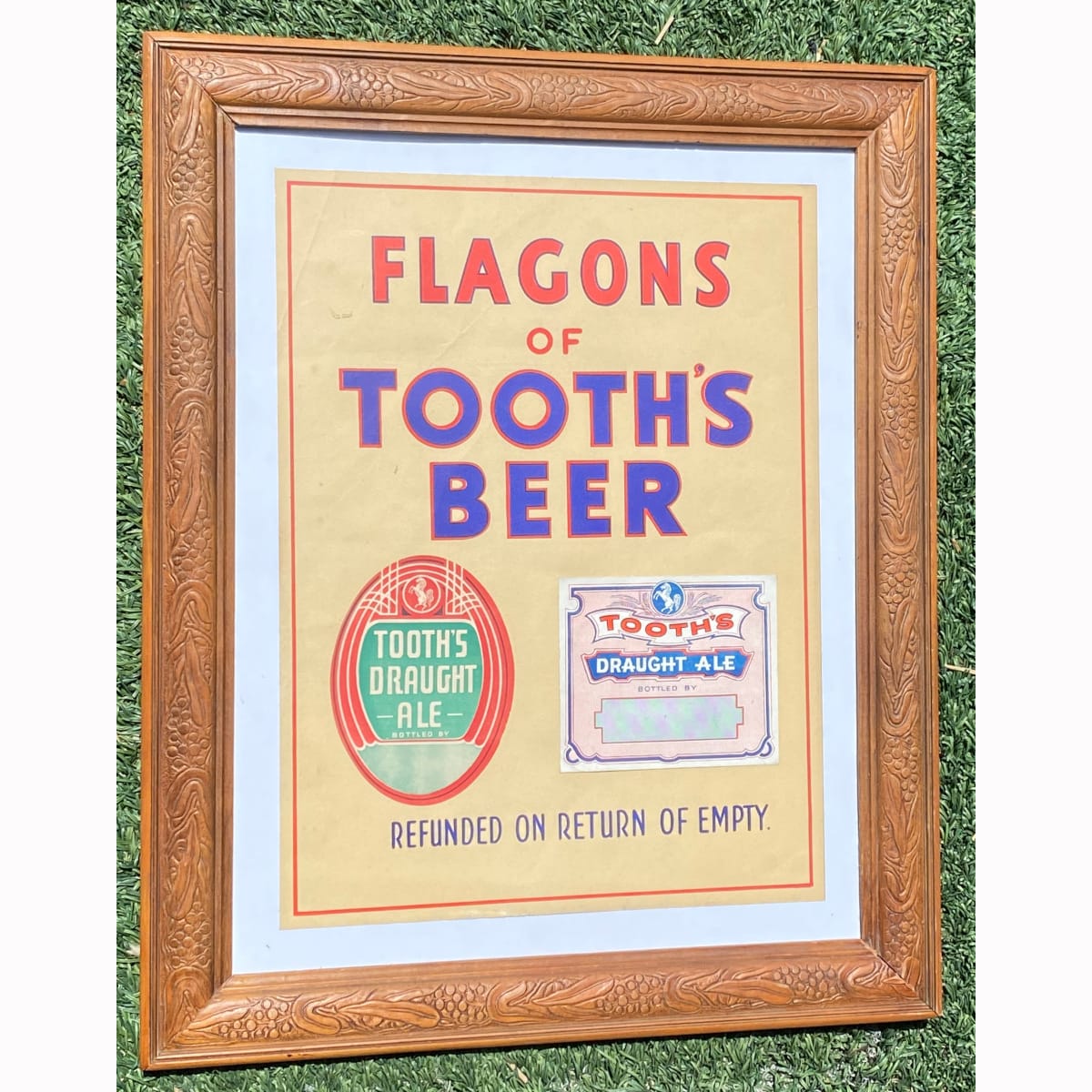 Framed original paper poster: Flagons of Tooth's Beer, refunded on return of empty. Examples of "Tooth's Draught Ale bottled by..." labels. (Not for post. Arrangements will have to be made by winning bidder for pickup or courier delivery)  (Sydney, New South Wales)